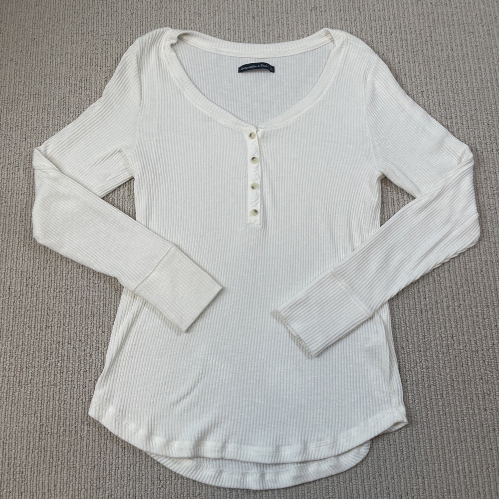 Abercrombie & Fitch Women's Large Ribbed Henley Long Sleeve Top Stretch Ivory